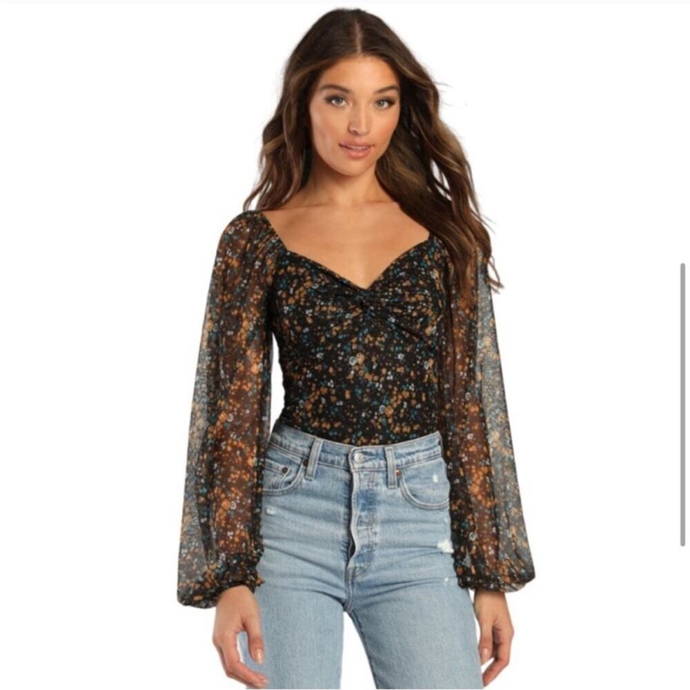Lulus‎ Sweet Beauty black blue gold floral sheer balloon sleeve bodysuit Medium